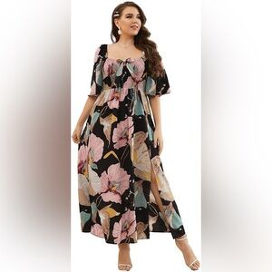 Floral Print Smocked Tie Front Puff Sleeve Resort Plus Size Black Maxi Dress 2XL